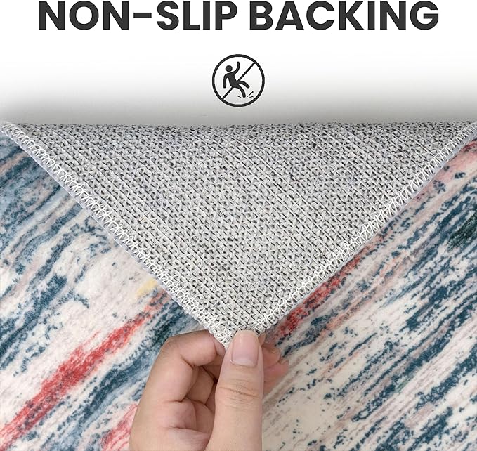 5x7 Modern Area Rug for Bedroom, Teal Blue Peach Gray Multi Large Teal Blue Peach Gray Multi Super Soft Rug with Non-Slip, Non-Shedding Rugs for Living Room, Indoor Door Mat for Home Décor