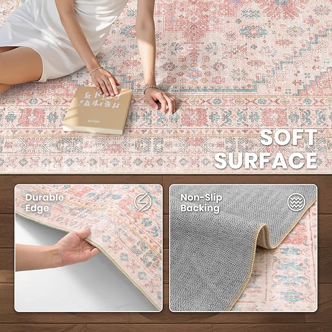 zesthome 7x9 Washable Rugs for Baby Girl, Super Soft Pink Rugs for Nursery Room, Non-Slip Stain Resistant Bedroom Rug, Ultra-Thin Large Area Rug (Pink/Blue,7'x9')