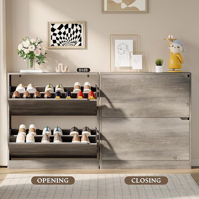 Shoe Cabinet with 2 Flip Drawers, Slim Narrow Shoe Storage Cabinet, Freestanding Shoe Organizer with Adjustable & Removable Shelves, Top Display Shelf for Entryway, Hallway, Foyer, Closet