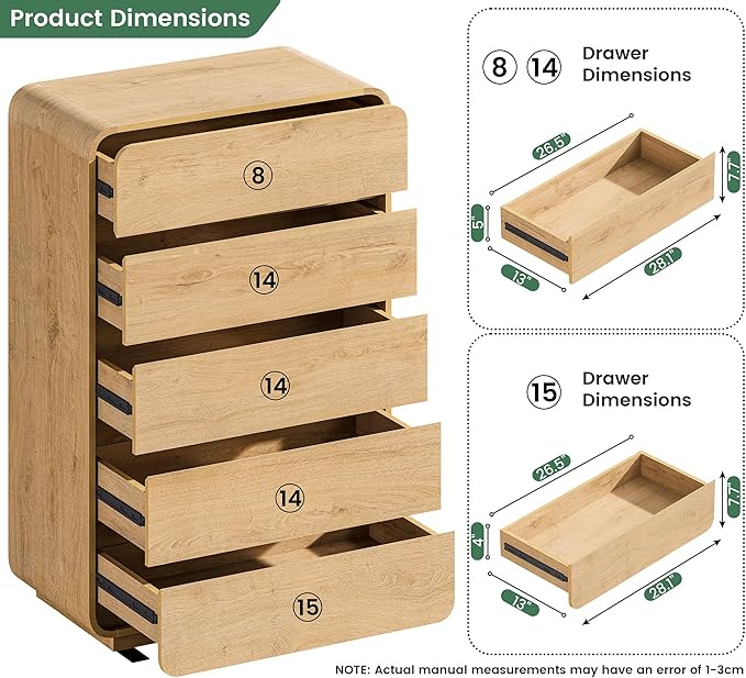 5 Drawer Dresser, Modern Dresser with Storage, Chest Drawers with Wood Grain Texture, Drawers Organizer for Bedroom, Living Room, Hallway, Natural.