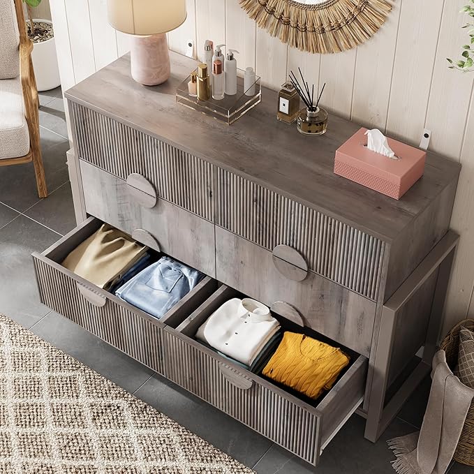 LGHM Fluted Dresser for Bedroom with 6 Drawers, Modern 6 Drawers Dressers with Semicylinder Fluted, Solid Chest of Drawers, 50" W Dresser with Bold Steel Frame, Metal Handles, Gray