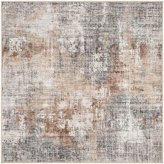 Square Area Rug Living Room Rugs - 6x6 Washable Large Soft Indoor Neutral Modern Abstract Low Pile Rug Carpet for Bedroom Dining Room Farmhouse Home Office - Grey Brown
