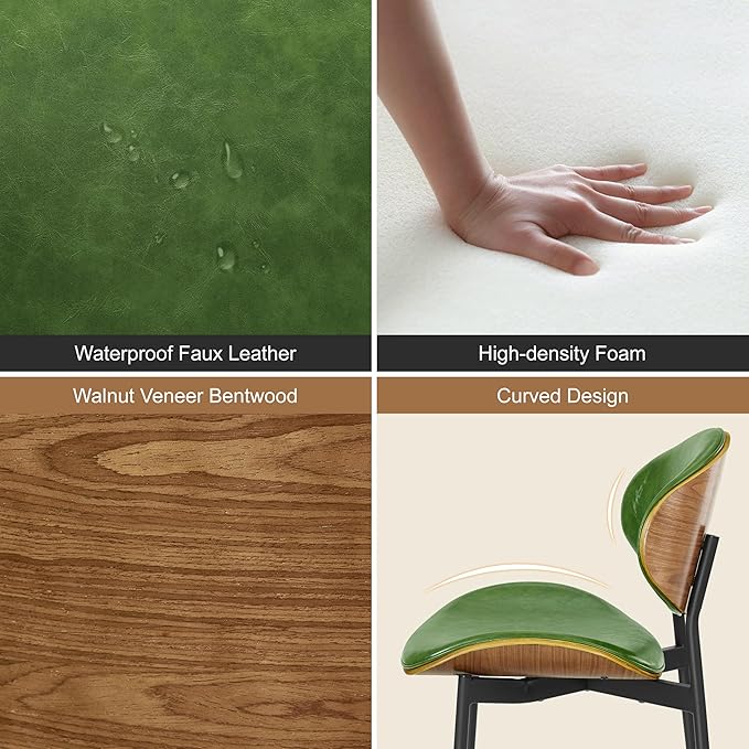 Art Leon Dining Chairs, Set of 2, Walnut Bentwood, Mid Century Modern Chair, Green Faux Leather Kitchen Dining Room Chairs, Accent Chairs for Bedroom