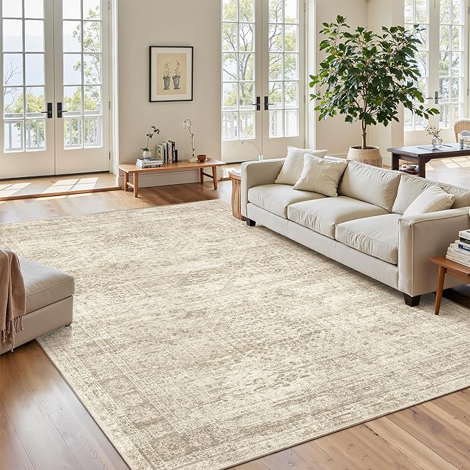 7x9 Area Rug for Living Room Washable Abstract Vintage Soft Thin Indoor Floor Non-Slip Carpet for Bedroom Dining Room Beige