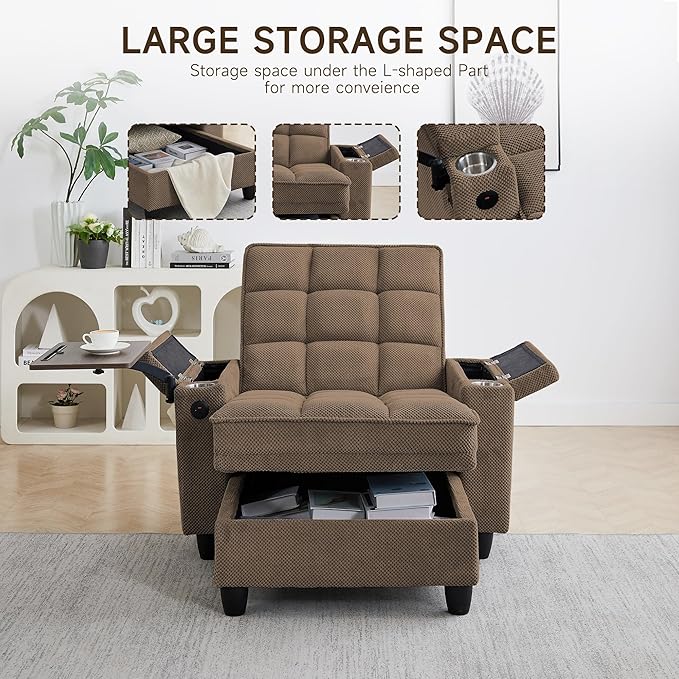 41.7" Chaise Lounge Chair Indoor, Oversized Boucle Upholstered Sofa Bed, Adjustable Backrest Deep Seat Reading Chair, Sofas Couches for Living Room with Storage, Cup Holders & 360° Swivel Side Table