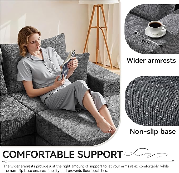 Boneless Sectional Loveseat Couch with Ottoman, Convertible Modular Floor Sleeper Sofa Bed, Comfy Foldable Compression Love Seat Sofa for Living Room, No Assembly, Dark Grey