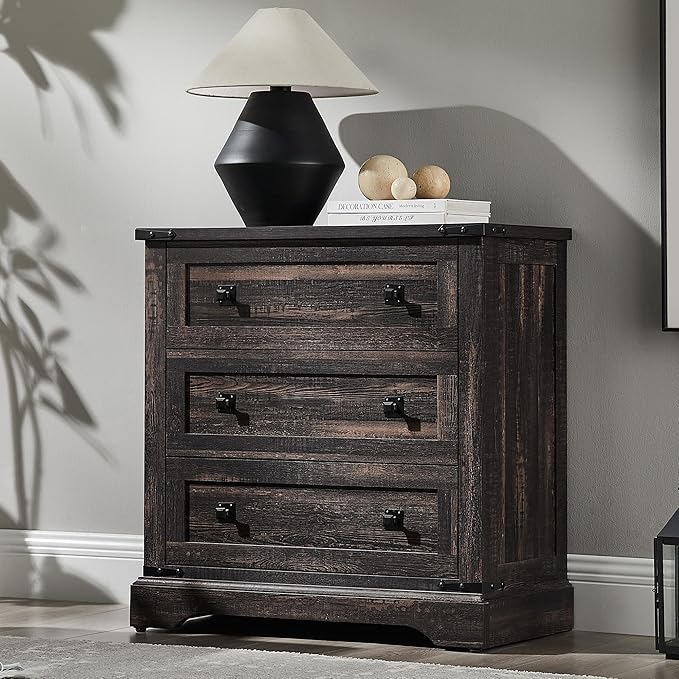 T4TREAM 32" Farmhouse Nightstand with Charging Station, Large End Table with 3 Storage Drawers, Rustic Wood Bedside Table for Bedroom, Living Room, Dark Rustic Oak