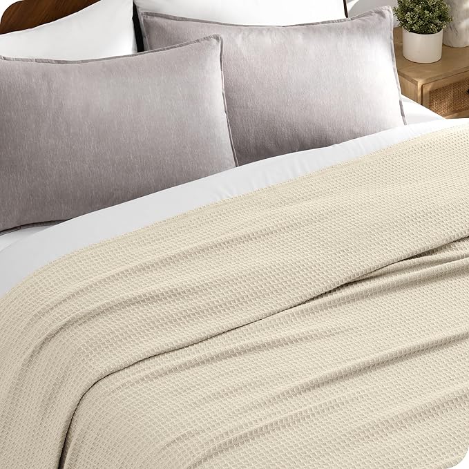 Bare Home Oyster Waffle Blanket, Throw Size 44Wx66L, 100% Cotton, Soft & Breathable for All Seasons, Lightweight, Perfect for Layering Bed, Sofa & Couch (Throw/Travel, Oyster)