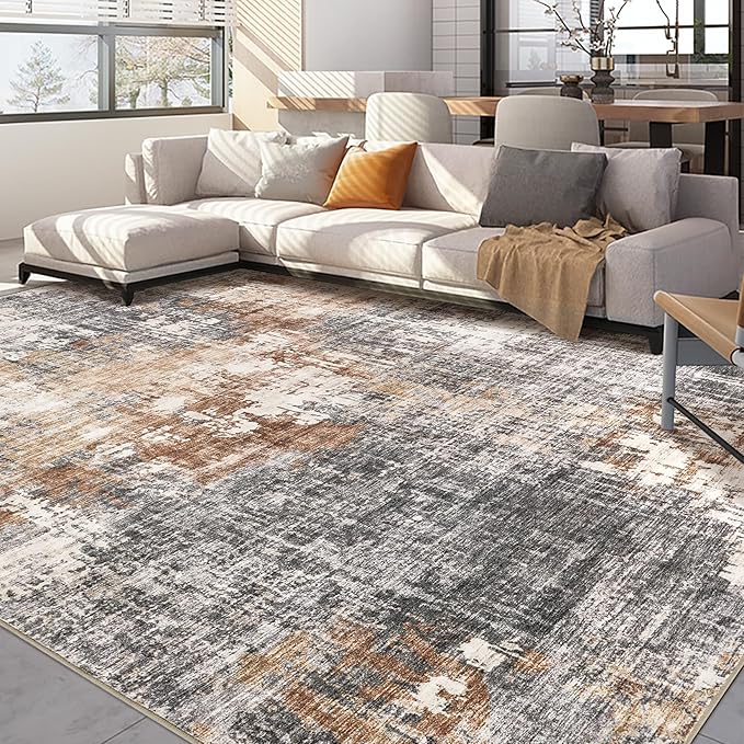 Area Rug Living Room Rugs - 6x9 Washable Large Soft Indoor Neutral Modern Abstract Low Pile Rug Carpet for Bedroom Dining Room Farmhouse Home Office - Grey Brown