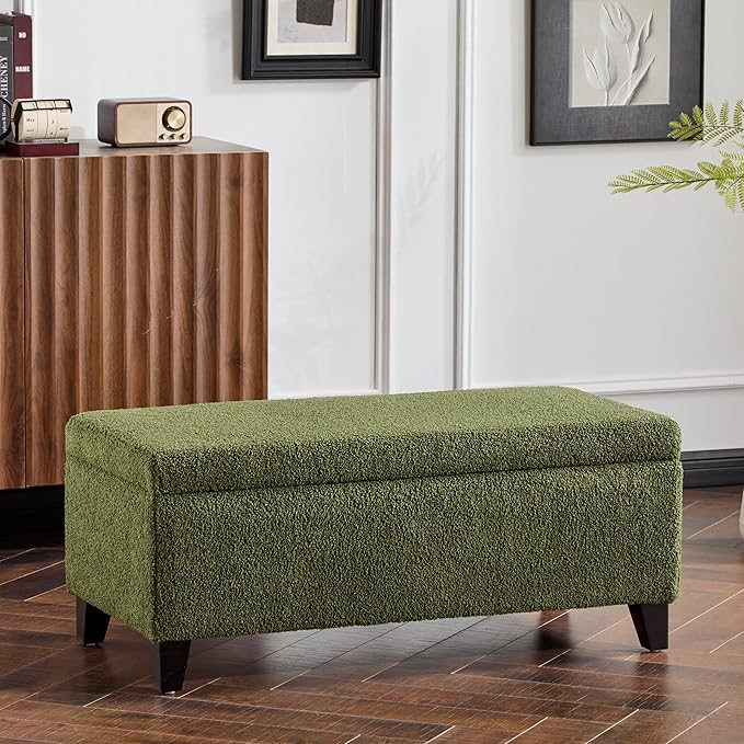 Storage Ottoman with Flip-Top Lid, Sturdy Birch Wood Legs, Footrest Bench with Ample Storage for Blankets, Pillows, Shoes, Extra Seating for Living Room, Bedroom, Entryway,Dark Brown+Green