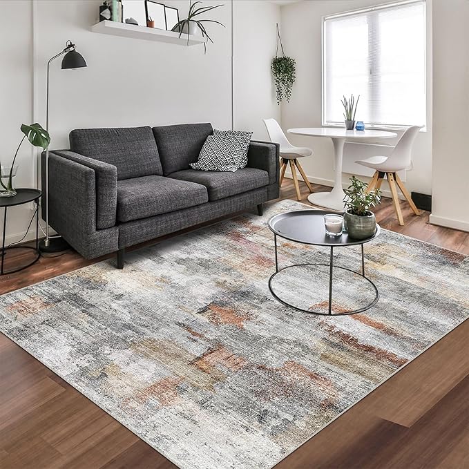 vivorug Washable Rug, Ultra Soft Area Rug 4x6, Non Slip Abstract Small Rug, Stain Resistant Rugs for Living Room Bedroom, Modern Fluffy (Gray/Rust, 4'x6')