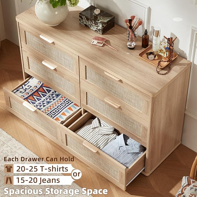 LEYAOYAO Rattan Dresser and Nightstand Set of 3, Boho Wood Dresser for Bedroom with 6 Drawers and Night Stand with Charging Station, Bedroom Furniture, Dressers & Chests of Drawers,Hallway,Living Room
