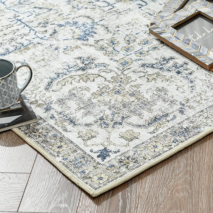 jinchan Kalen Runner Rug 3x10 Washable Hallway Rug Vintage Indoor Thin Retro Floor Cover Floral Country Lightweight Non Slip Carpet for Entryway Bathroom Kitchen Bedroom Living Room Stairway Blue