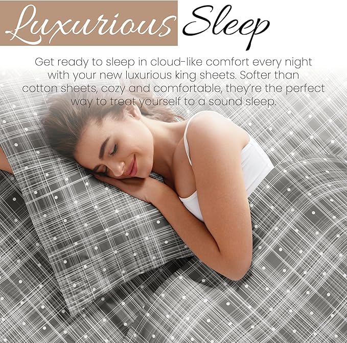 Linen Market 4 Piece King Sheet Set - Breathable, Double-Brushed Patterned Cooling Sheets – Oeko-TEX Certified Ultra Soft & Wrinkle-Free 16" Deep-Pocket King Sheets - Easy Care Polka Dot Gray