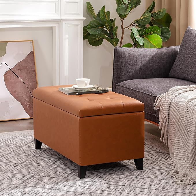 Joveco Storage Ottoman Bench, 33 Inches Faux Leather Rectangle Tufted Foot Stool for End Foot of Bed, Bedroom, Living Room,Vibrant Orange