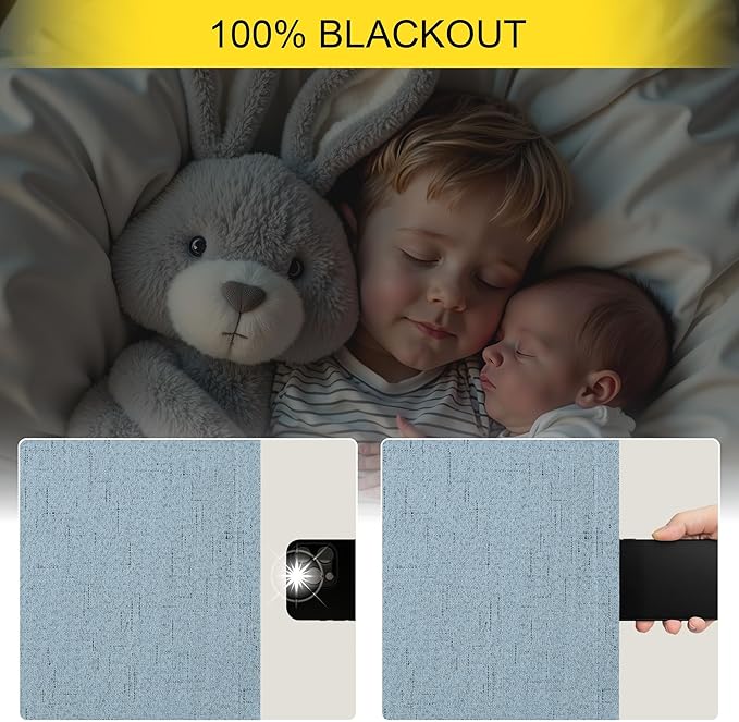 Slate Stone Blue Linen Blackout Curtains 90 Inch Long 2 Panels for Boys Bedroom Kids Back Tab Rod Pocket Pleated Thermal Insulated Energy Efficiency Full Shading Panels for Living Room 52 Inch Wide