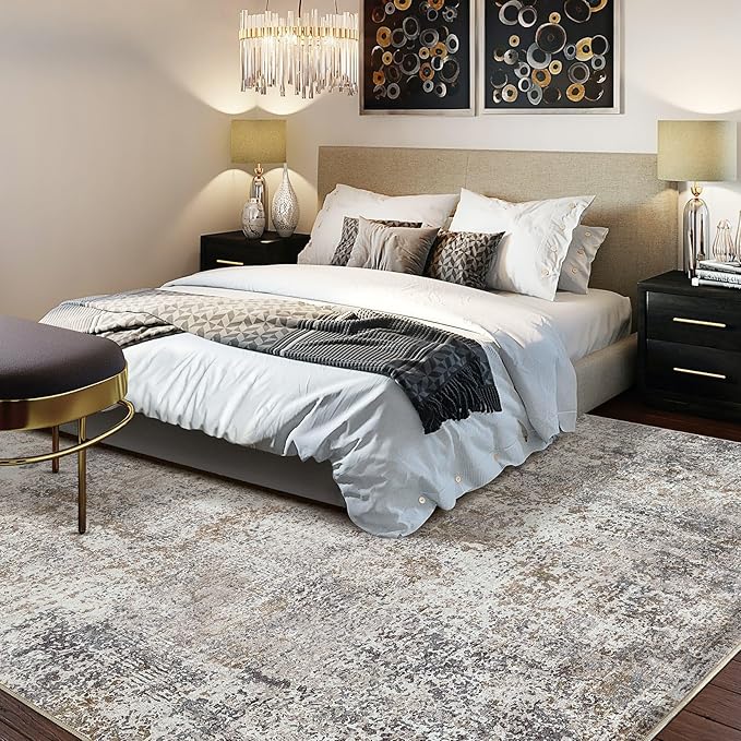 Area Rug Living Room Rugs - 6x9 Washable Large Soft Indoor Neutral Modern Abstract Low Pile Rug Carpet for Bedroom Dining Room Farmhouse Home Office - Brown/Grey/Black