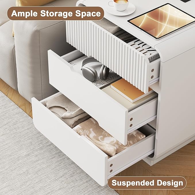 6 Drawer Dresser and 2 Nightstand Sets for Bedroom 3 Pcs Bedroom Set, Modern 47.2" Fluted Dresser with Invisible Handles Nightstand Charging Station, Bedroom Furniture Set for Living Room, White
