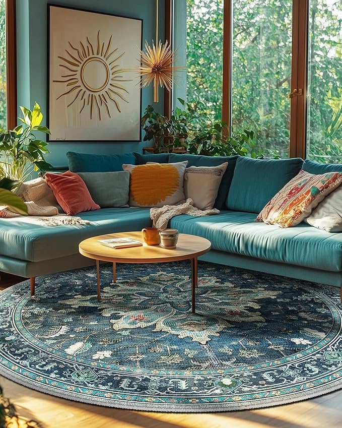 Area Rugs 8ft Washable Non-Slip, Floral Vintage Distress Print Pattern Medallion Carpet for Living Room Bedroom Dining Room, Teal Green Lake Blue Turquoise