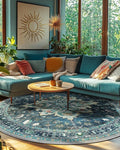 Area Rugs 7ft Washable Non-Slip, Floral Vintage Distress Print Pattern Medallion Carpet for Living Room Bedroom Dining Room, Teal Green Lake Blue Turquoise