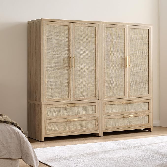 SICOTAS Armoire Wardrobe Closet, Larger Rattan Armoires Wardrobe Cabinet with 2 Large Drawers & Hanging Rod, Tall Closet Storage Cabinet for Cloak Room, Bedroom, Light Oak (3 PCS)