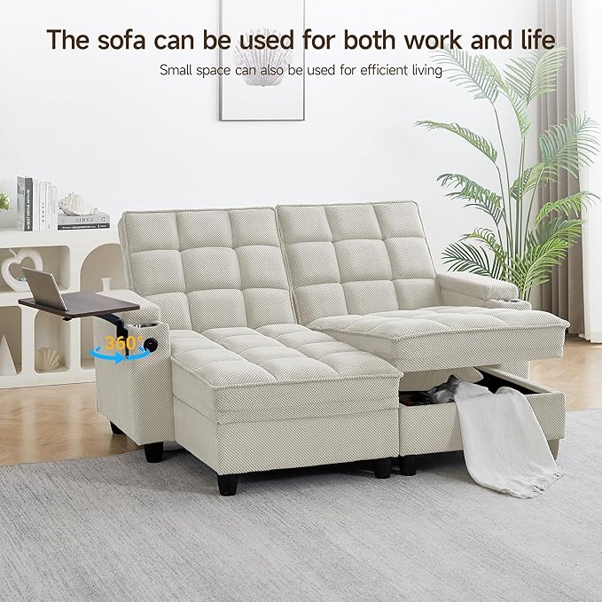 70.9" Chaise Lounge Chair Indoor, Oversized Boucle Upholstered Sofa Bed, Adjustable Backrest Deep Seat Reading Chair, Sofas Couches for Living Room with Storage, Cup Holders & 360° Swivel Side Table