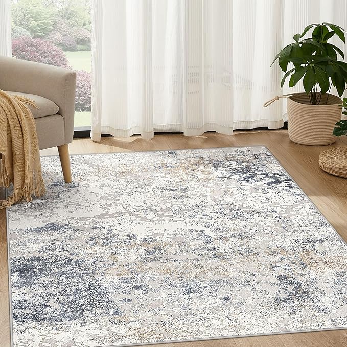 Square Area Rug Living Room Rugs - 5x5 Washable Large Soft Indoor Neutral Modern Abstract Low Pile Rug Carpet for Bedroom Dining Room Farmhouse Home Office - Beige Blue