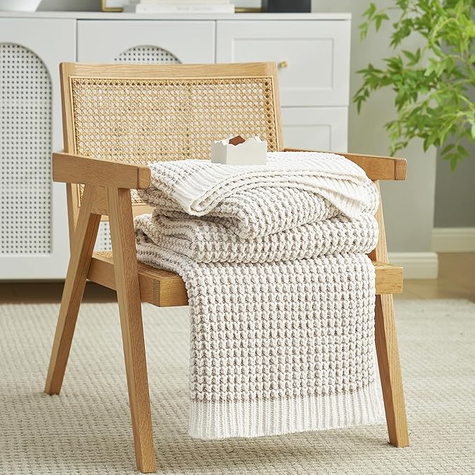 Amélie Home Waffle Chenille Throw Blanket for Couch, Pineapple Stitch Knit Soft Cozy Knit Blanket Decorative Throw for Sofa, Chair, 60"x80", Beige&Ivory