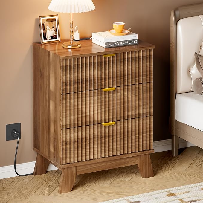 30.5" Nightstand with Charging Station, 3-Drawer Fluted Bedroom Chest, Wood Bedside Dresser with Power Outlets and USB Ports, Stable Base, Modern Storage Cabinet for Small Spaces