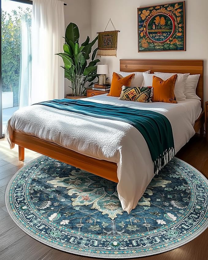 Area Rugs 5ft Washable Non-Slip, Floral Vintage Distress Print Pattern Medallion Carpet for Living Room Bedroom Dining Room, Teal Green Lake Blue Turquoise