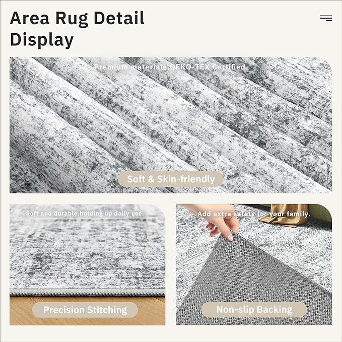 5x5 Grey Round Rug 5ft Living Room Circle Rug Vintage Gray Round Area Rug Non Slip Indoor Carpet for Entryway Dining Room Bedroom