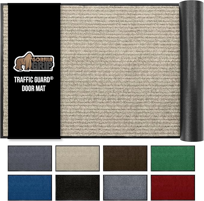 GORILLA GRIP Waterproof Traffic Guard Door Mat, Heavy Duty Entryway Mats, Strong Rubber Back Commercial Utility Rugs for Office Hallway, Garage Floor and Home, Low Profile Carpet Runner, 29x17, Beige