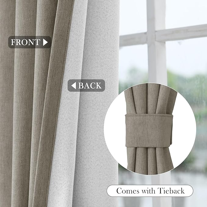 Macochico 100% Blackout Curtains Insulted Window Panels for Bedroom Living Room Dining Room Luxury Chenille Curtains Classic Home Decor Light Taupe Curtains with Tieback 52" Wx72 L Grommet 1 Panel