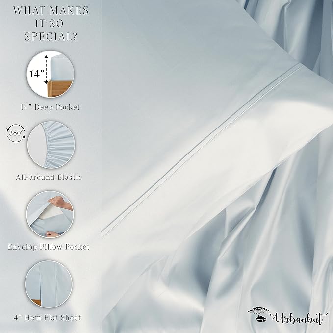 URBANHUT 800 Thread Count 100% Cotton Twin Size Sheets, Luxury 4 Piece Twin Bedsheets, Hotel Sheets Sateen Finish - Better Than Egyptian, 14" Elasticized Deep Pocket - Light Blue