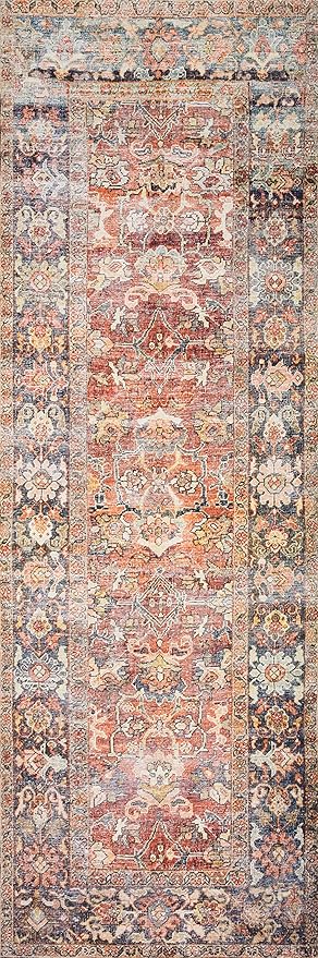 Loloi Layla Collection LAY-02 Spice/Marine 2'-6" x 7'-6" .13" Thick Runner Rug, Soft, Durable, Vintage Inspired, Distressed, Low Pile, Non-Shedding, Easy Clean, Printed, Living Room Rug