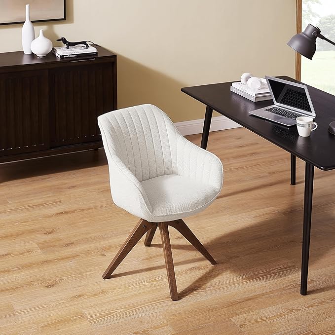 Zouron Mid Century Modern Accent Chair with Wooden Legs, Upholstered Swivel Chair No Wheels, Side Accent Armchair Vanity Chair for Small Space Home Office Living Room Bedroom, Beige
