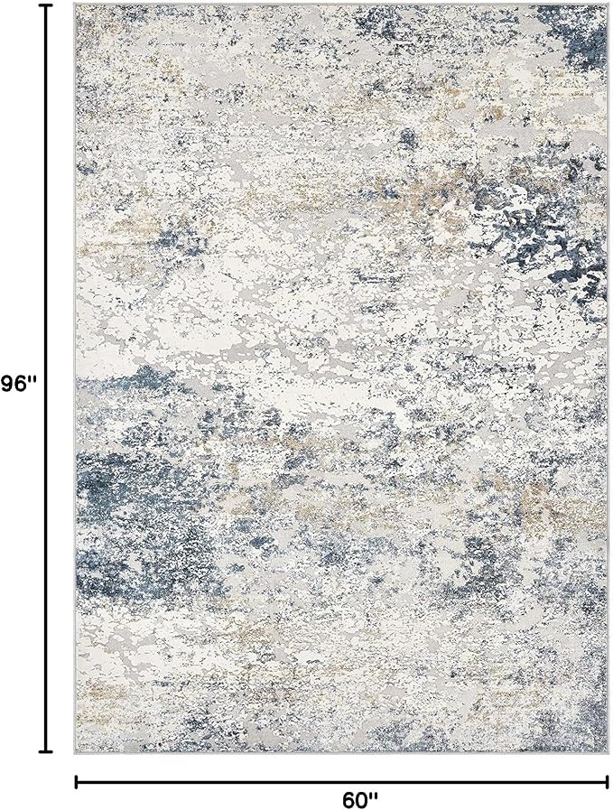 Area Rug Living Room Rugs - 5x8 Abstract Large Soft Indoor Washable Rug Neutral Modern Low Pile Carpet for Bedroom Dining Room Farmhouse Home Office - Beige Blue