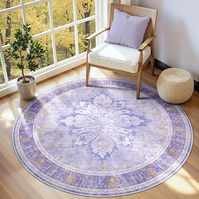 Area Rugs 4ft Washable Non-Slip, Floral Vintage Distress Print Pattern Medallion Carpet for Living Room Bedroom Dining Room, Light Purple Brown