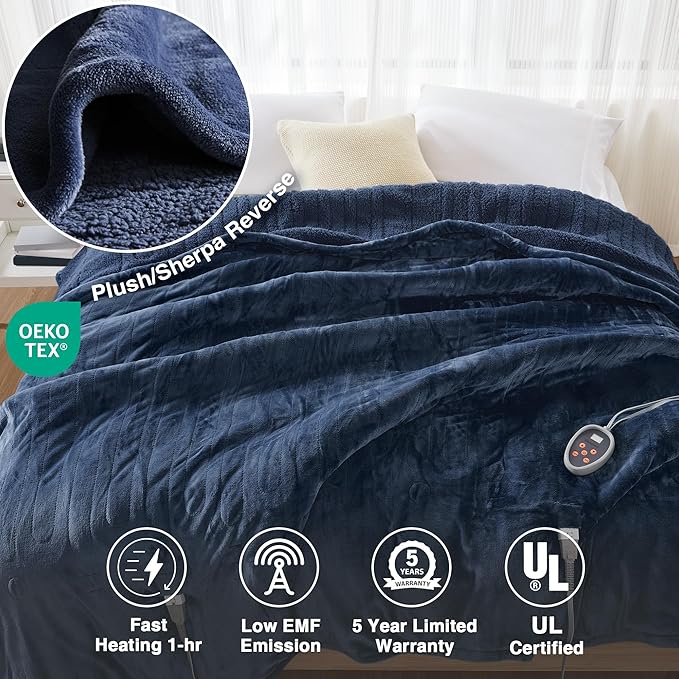 Beautyrest Auto Shut Off, Virtually Zero EMF, Multi Heat Setting, UL Certified, Machine Washable Reversible Microlight to Sherpa Electric Blanket, Full, Indigo