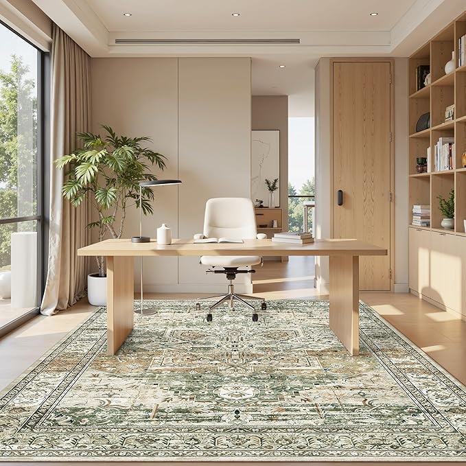 6x9 Area Rugs for Living Room Non-Slip Washable Rugs 6x9 Vintage Rug for Bedroom Dinning Room Ultra-Thin Area Rugs Farmhouse Home Decor Olive/Beige