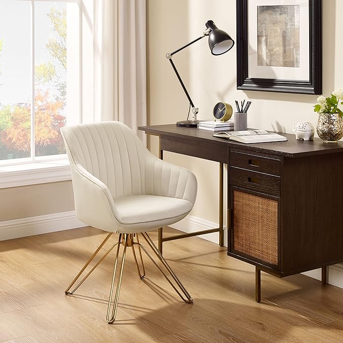 Zouron Mid Century Modern Swivel Accent Chair with Gold Metal Legs, Upholstered Desk Chair No Wheels, Side Office Arm Chair Vanity Chair for Small Space Home Office Living Room Bedroom, Beige