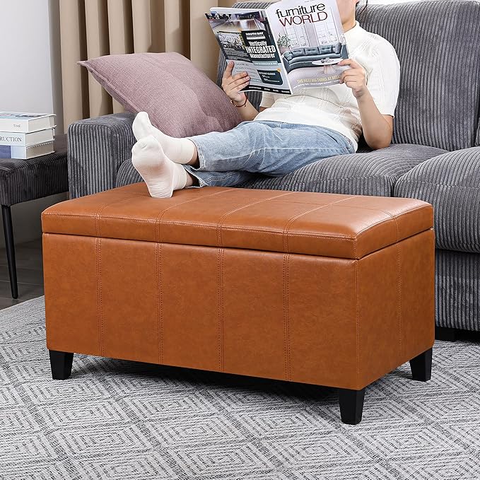 Joveco Storage Ottoman Bench, 33 Inches Faux Leather Rectangle Tufted Foot Stool for End Foot of Bed, Bedroom, Living Room, Ginger