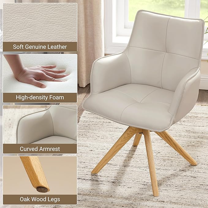 Art Leon Mid Century Modern Desk Chair - Genuine Leather Upholstered Office Chair No Wheels, Swivel Armchair with Oak Wood Legs for Small Space Living Room Bedroom, Set of 2, Off White