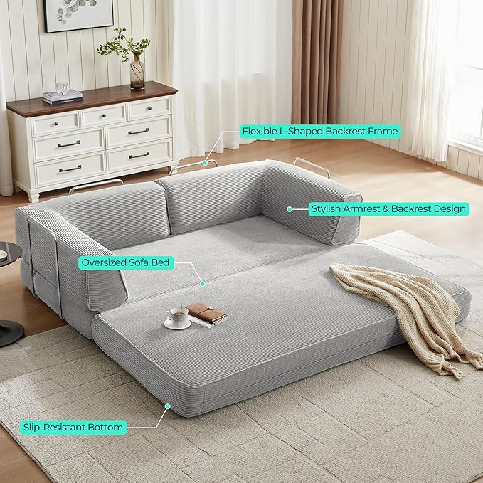 LINSY HOME 79'' Convertible Sofa Bed - Sleeper Sofa Compression Folding Loveseat Sleeper - Foldable Corduroy Couch Bed for Living Room Bedroom - Modular Sectional Compressed Sofa in Box, Grey