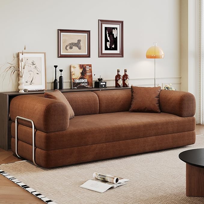79" Convertible Sofa Bed with Fixed-Shape Frame, Corduroy Folding Pull Out Couch, No Assembly Modern Boneless Couch Compression Sofa in Box, Floor Sofa for Living Room,Brown
