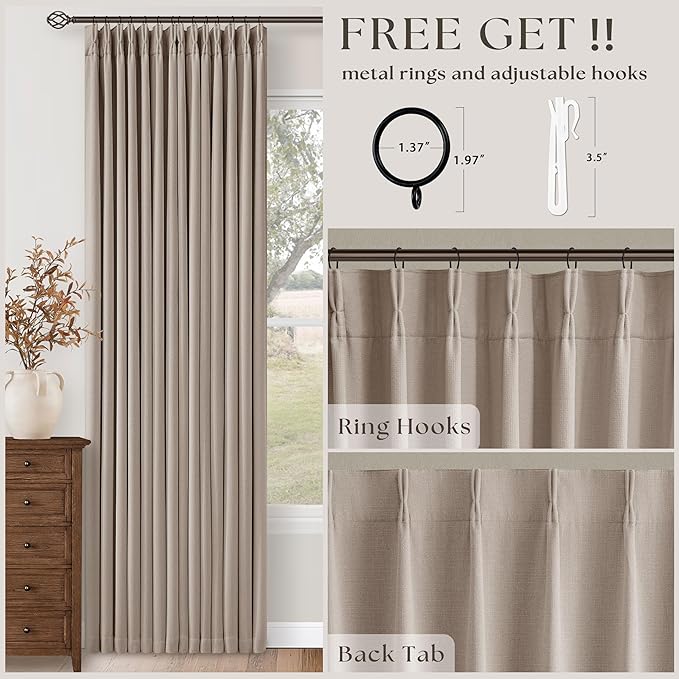70 Inch Wide Blackout Curtains 84 Inches Long Memory Trained Pinch Pleated Room Darkening Thermal Linen Textured Two Layer Extra Wide Drapes for Living Room Sliding Door Burlywood Birch 1 Panel