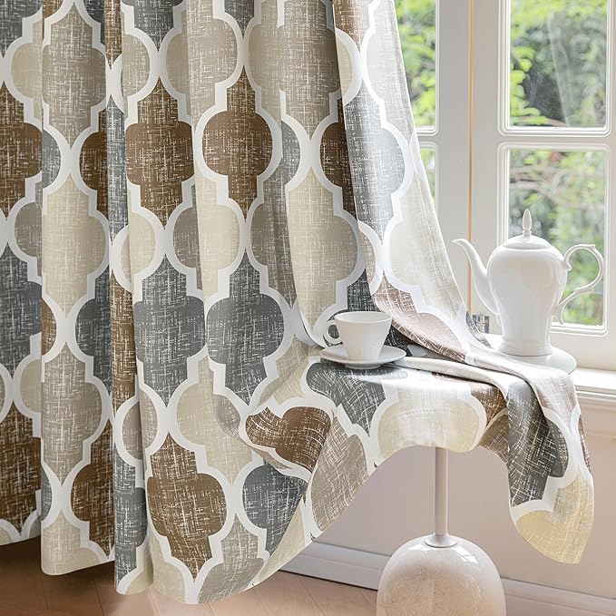 Beauoop 100% Blackout Curtains 63 Inches Long 2 Panels for Bedroom Living Room Brown Grey Moroccan Geo Room Darkening Thermal Insulated Soundproof Grommet Top Window Treatments Drapes, 50x63 Set of 2