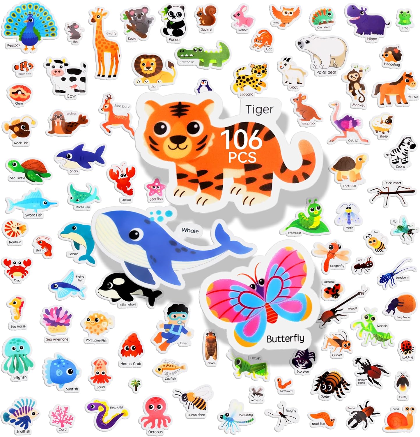 106 PCS Ocean/Animals/Insects Jelly Stickers - Thick, Removable Animal Window Clings for Toddlers. Great for Home, Classroom, Nursery Decor and Toddler Animal Party Supplies