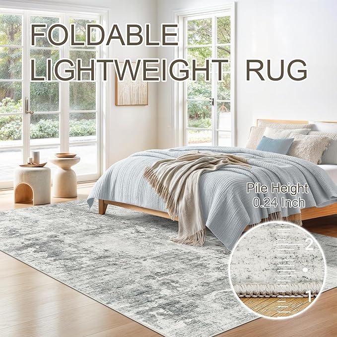 Abstract Rug 8x10 Large Living Room Rugs Neutral Modern Washable Area Rugs for Bedroom Dining Room Non-Slip Stain Resistant Foldable Thin Rug Gray White
