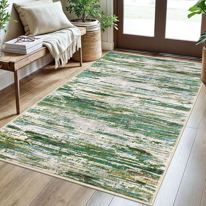 3x5 Modern Abstract Area Rug for Entryway, Green Grey Multi Super Soft Washable Rug with Non-Slip, Low-Pile Door Mat Indoor for Living Room Bedroom, Carpet with Non-Shedding